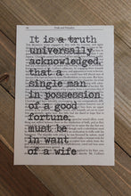 Load image into Gallery viewer, Pride and Prejudice &quot;A Truth Universally Acknowledged&quot; Book Page Art Print
